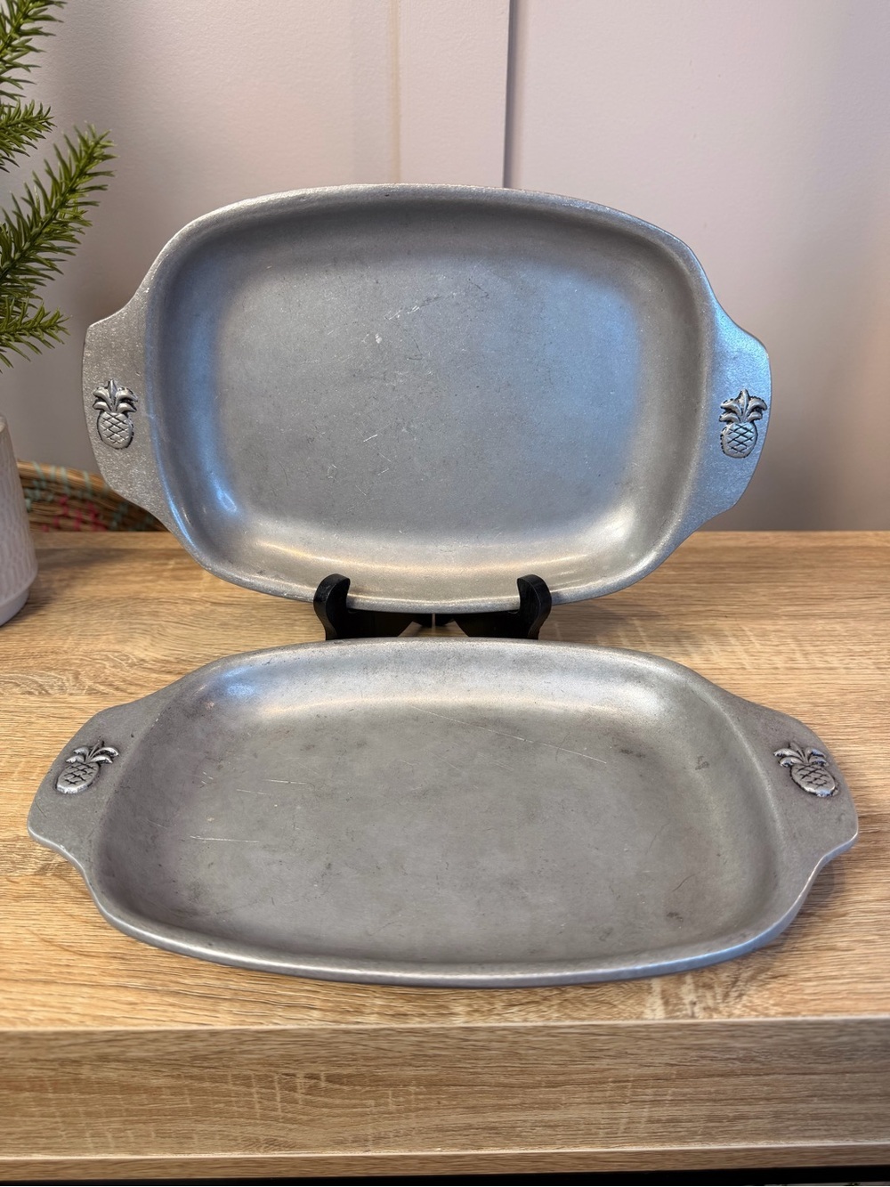 Pair Vtg CARSON PEWTER Solid Metal Serving Dish Platter Tray Handles 11.5" x 7"